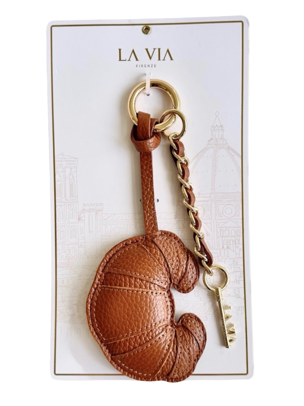La Via Firenze Italian leather bag charm  croissant shaped w gold toned hardware